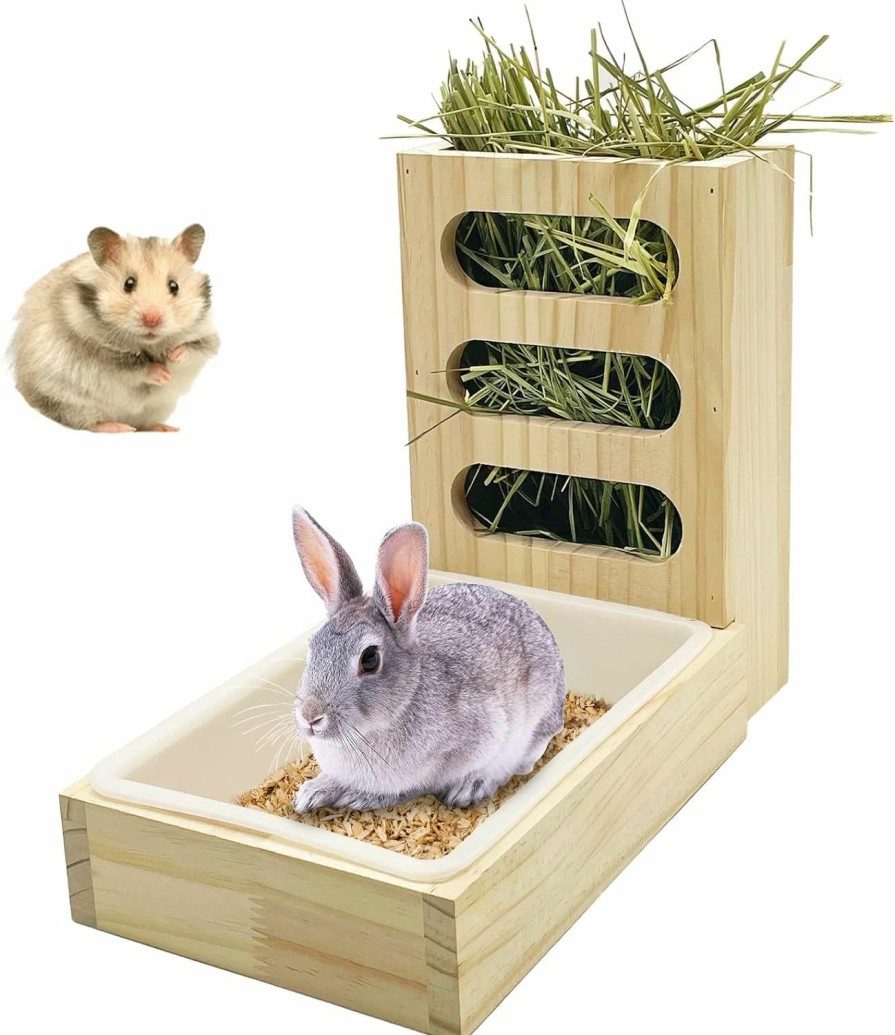 Small Animal Hamiledyi | Hamiledyi Rabbit Hay Feeder With Litter Box Wooden Food Feeding Manger Bunny Hay Dispenser Small Animals Grass Holder For Hamsters Guinea Pig Bunny Chinchilla