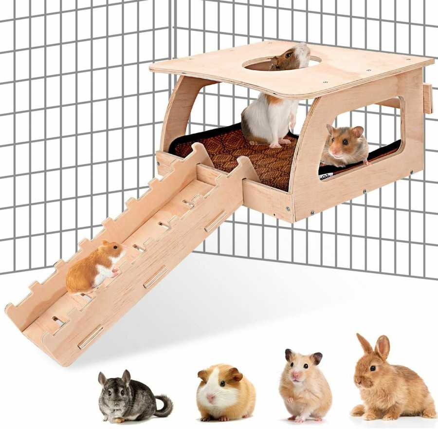 Small Animal Haldane | Haldane Guinea Pig Hideout - Wooden Small Animal Hideout With Mat & Ladder, Ventilated Small Animal House With Multiple Doors For Chinchilla Guinea Pig Hamsters Bunny