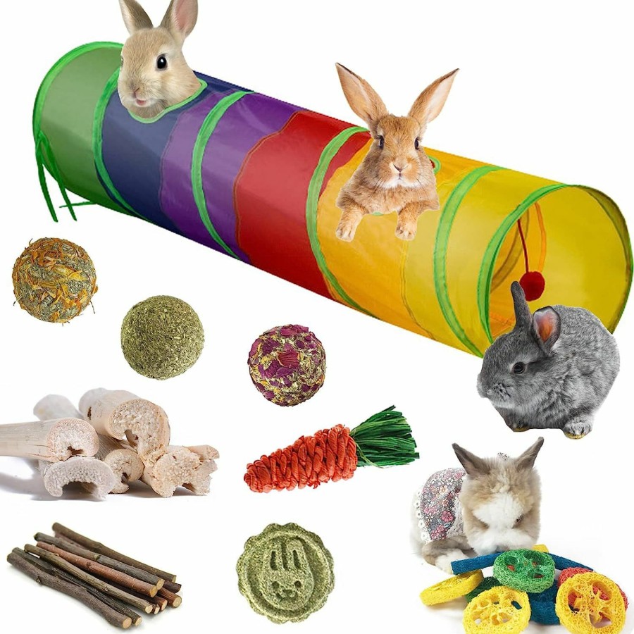 Small Animal Mechpia | Rabbit Toys, Large Bunny Hideout Tunnel And Tube With Chew Toys For Grinding Teeth Apple Sticks Bamboo Carrot Loofah And Grass Ball For Rabbit Guinea Pig Chinchilla Ferret Rat