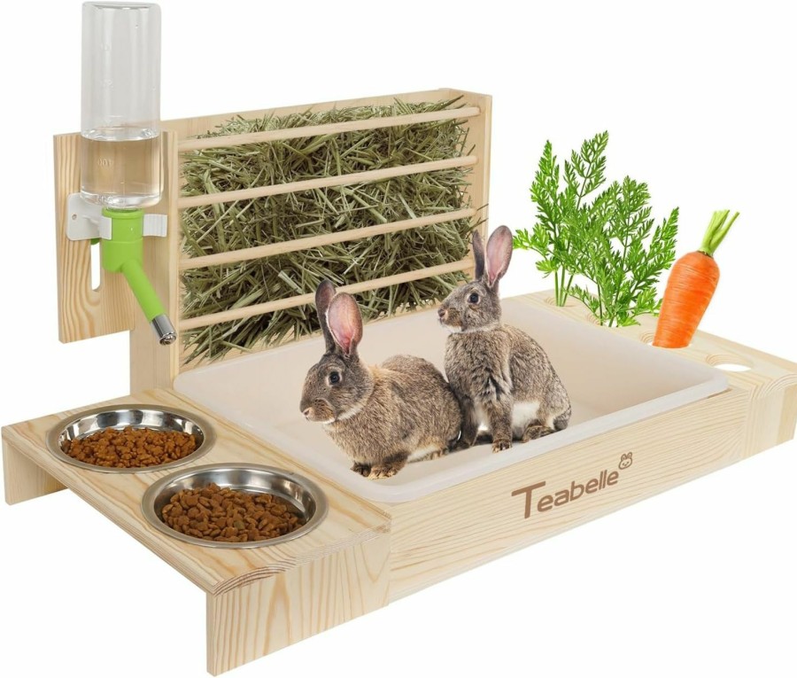 Small Animal Teabelle | Teabelle Rabbit Litter Box With Hay Feeder And Bowls, 5 In 1 Wooden Bunny And Guinea Pig Hay Feeder, Small Pet Cage Accessories With Vegetable Rack Water Bottle Litter Pan Hay Feeder And 2Pcs Bowls