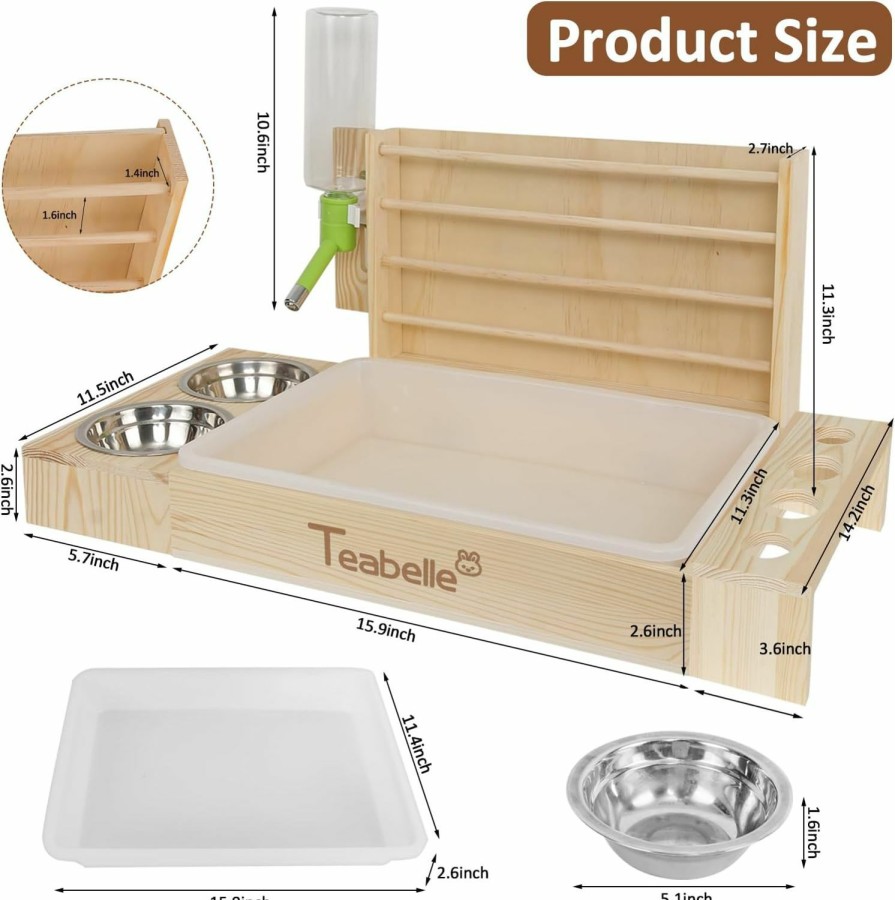 Small Animal Teabelle | Teabelle Rabbit Litter Box With Hay Feeder And Bowls, 5 In 1 Wooden Bunny And Guinea Pig Hay Feeder, Small Pet Cage Accessories With Vegetable Rack Water Bottle Litter Pan Hay Feeder And 2Pcs Bowls