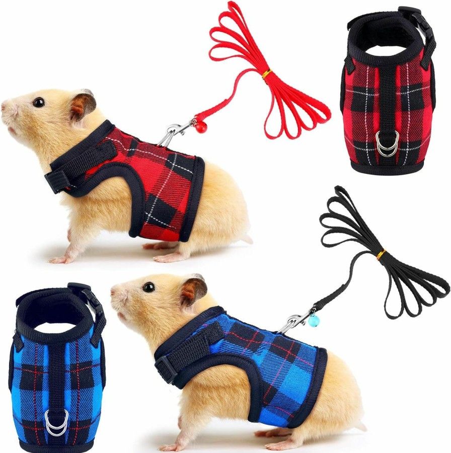 Small Animal Weewooday | 2 Pieces Guinea Pig Harness And Leash Plaid Hamster Harness With Safety Bell Adjustable Ferret Harness And Leash Set No Pulling Walking Vest For Ferret Chinchilla And Similar Small Animals (S)