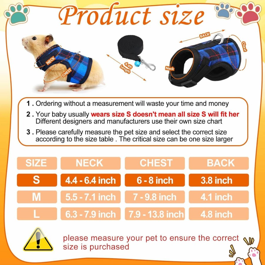 Small Animal Weewooday | 2 Pieces Guinea Pig Harness And Leash Plaid Hamster Harness With Safety Bell Adjustable Ferret Harness And Leash Set No Pulling Walking Vest For Ferret Chinchilla And Similar Small Animals (S)