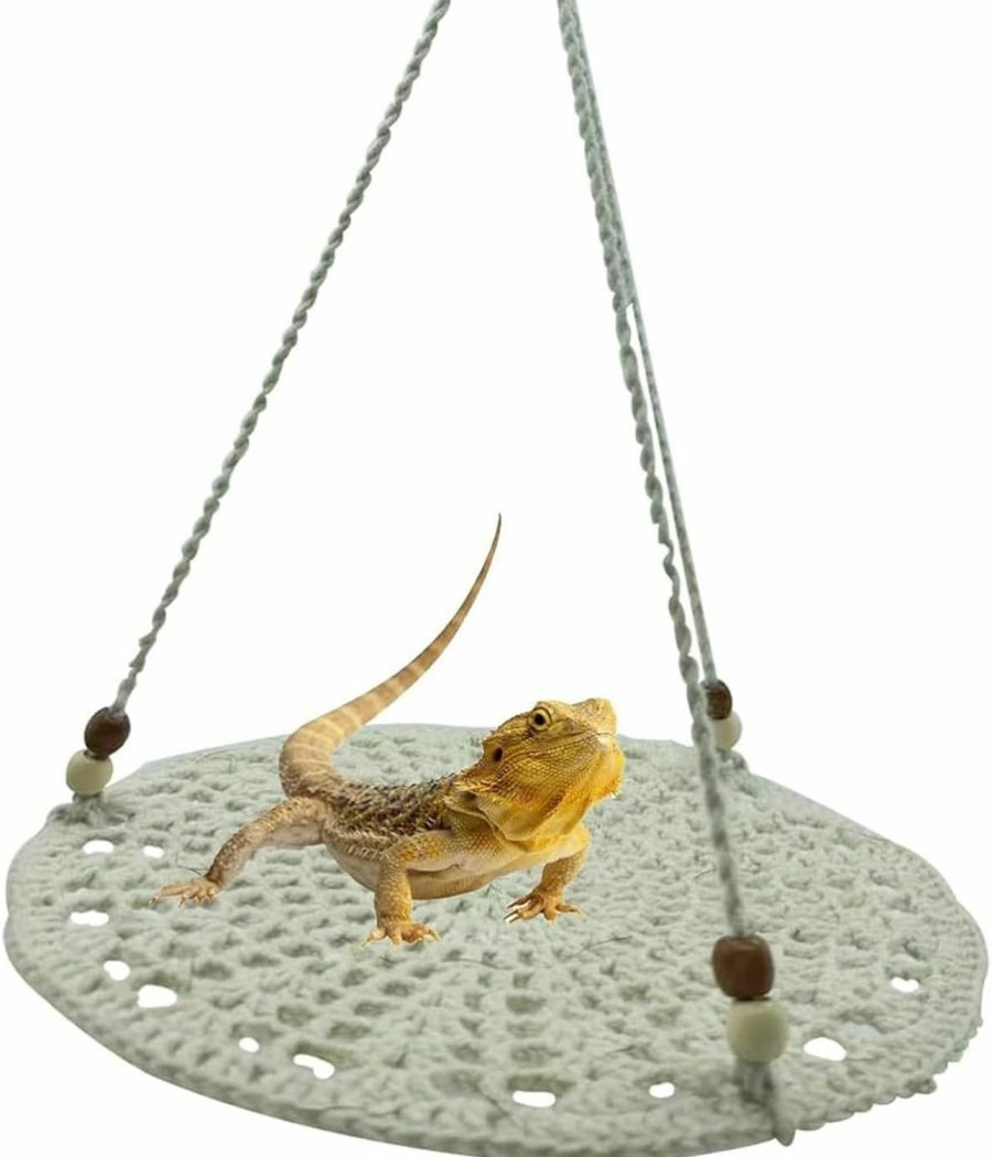 Small Animal kathson | Kathson Bearded Dragon Swing Hammock,Reptile Hanging Woven Bed Reptiles Habitat Accessories With Metal Hooks And Lizard Toy For Leopard Gecko Lizards Chameleon Snake (Beige)