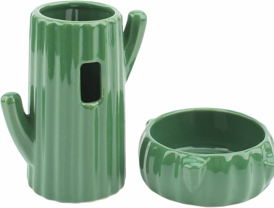 Small Animal Alfie | Alfie Pet - Janice 2-Piece Set Cactus Ceramic Water Bottle Stand And Food Bowl For Small Animals Like Mouse, Chinchilla, Guinea Pig, Gerbil And Dwarf Hamster - Color: Green