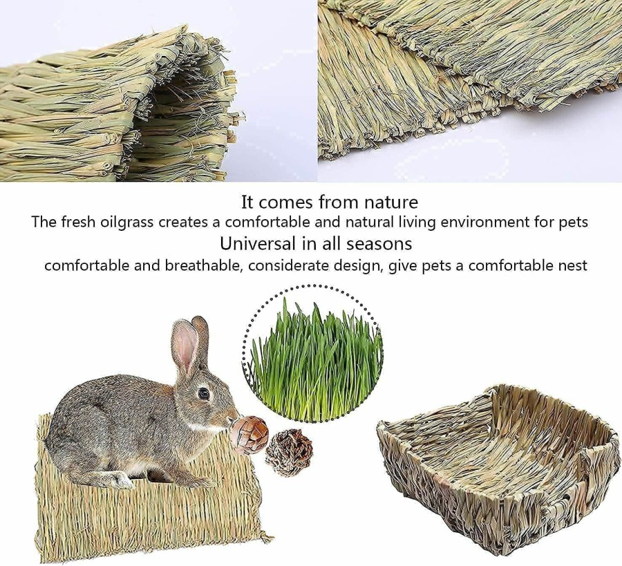 Small Animal HERCOCCI | Hercocci Extra Large Rabbit Grass Bed, 18 Pcs Pet Bunny Chew Toys - Handmade Woven Hay Bed And Hideout With Straw Hay Mat For Bunny Guinea Pig Chinchilla To Play Sleep Eat (Large)