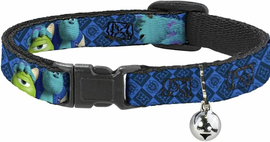 Small Animal Buckle-Down | Buckle-Down Breakaway Cat Collar - Monsters University Sulley & Mike Poses/Checkers Blue - 1/2\" Wide - Fits 9-15\" Neck - Large