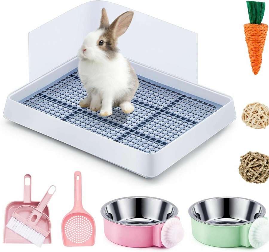 Small Animal Uiifan | Uiifan 10 Pcs Rabbit Litter Box Trainer With Hanging Pet Bowls And Accessories Guinea Pig Litter Pan Rabbit Litter Pan Bunny Corner Litter Bedding Box For Bunny Ferret Guinea Pigs Hedgehog (Pink)