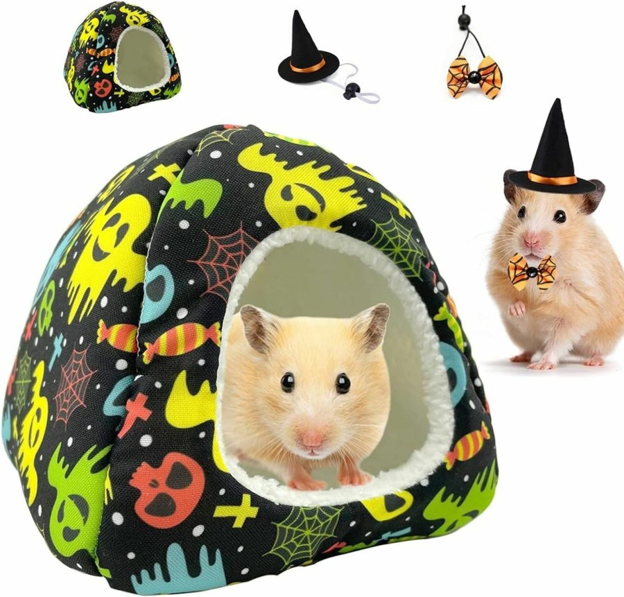 Small Animal Vehomy | Vehomy Small Animal Halloween House Hideout & Costume Set- Hamster Cave House Bed Nest Hideout With Ghost Candy Spider Net Pattern Hamster Witch Hat Bowtie For Rodent Chinchilla Hedgehog