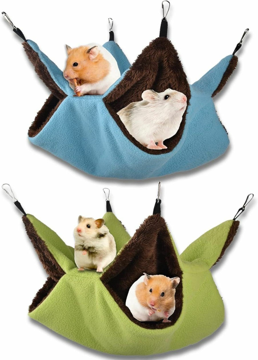 Small Animal JEPELUS | Rat Hammock,2Pcs Soft Plush Small Animal Hanging Hammock,Warm Double Layer Ferret Hammock,Hamster Hideout Hanging Bunkbed,Pet Cage Accessories For Guinea Pig Sugar Glider Squirrel(Blue + Green)