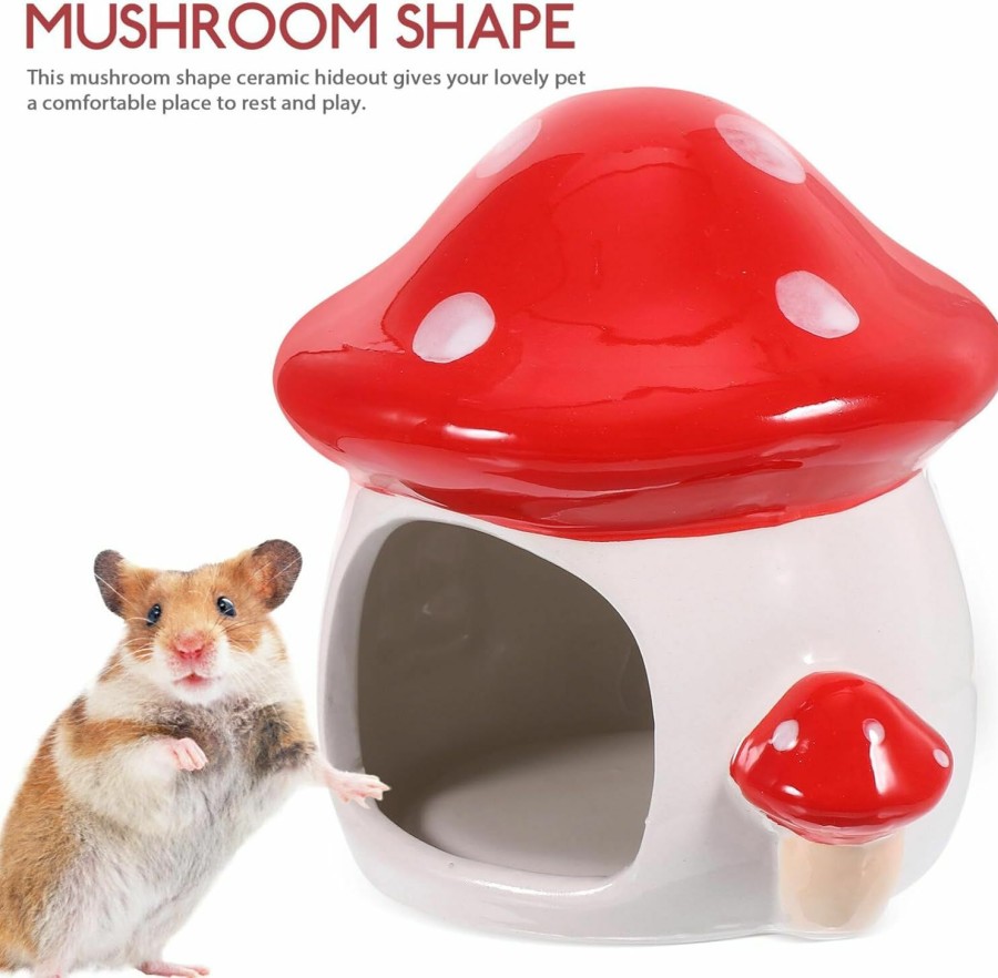 Small Animal POPETPOP | Popetpop Ceramic Hamster Hideout Mushroom Shape Pet Hideout Hamster House Habitats Cool Bed Small Animals Pet Nest Ceramic Cooling Hideout Hut For All Season Dwarf Hamster Gerbil Mice