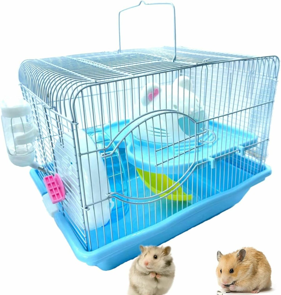 Small Animal MUYG | Muyg 2-Tier Portable Hamster Cage And Habitats, Travel Metal Mouse Cages With Free Water Bottle, Houses And Exercise Wheel For Any Breed Of Hamster And Small Animal (14.6X11.0X11.8Inch Blue)