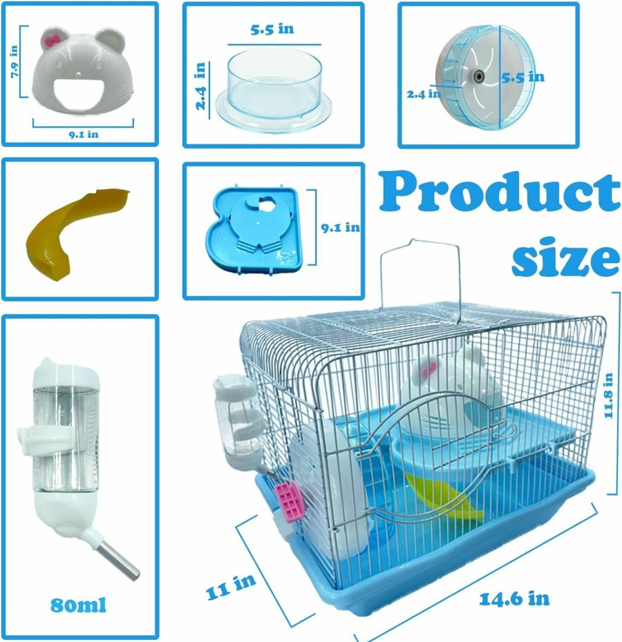 Small Animal MUYG | Muyg 2-Tier Portable Hamster Cage And Habitats, Travel Metal Mouse Cages With Free Water Bottle, Houses And Exercise Wheel For Any Breed Of Hamster And Small Animal (14.6X11.0X11.8Inch Blue)