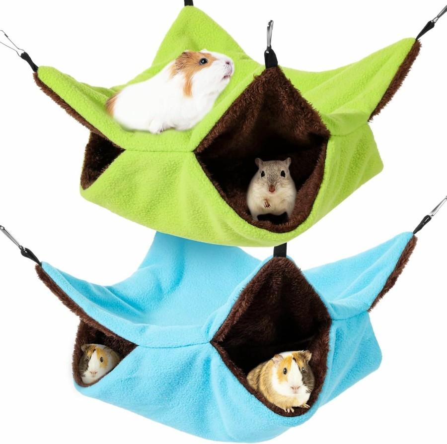 Small Animal Cunno | 2 Pcs Pet Cage Hammock Soft Plush Bunkbed Hanging Hammock Warm Double Layer Ferret Hammock Small Pet Hammock Accessories For Rat Guinea Pig Sugar Glider Squirrel Chinchilla Play Sleep (Green, Blue)