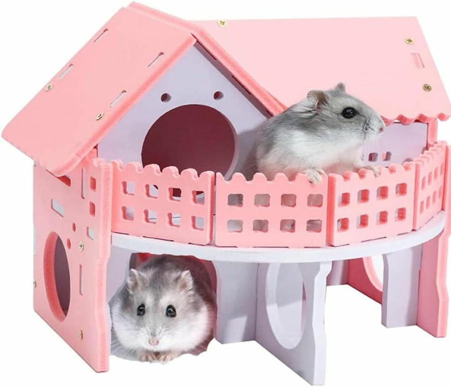 Small Animal CHUQIANTONG | Chuqiantong Hamster Maze Wood House Small Animal Hideout Wooden Assemble Double-Deck Hut Villa Ecological Cage Habitat Decor For Dwarf, Hedgehog, Syrian Hamster, Gerbils Mice