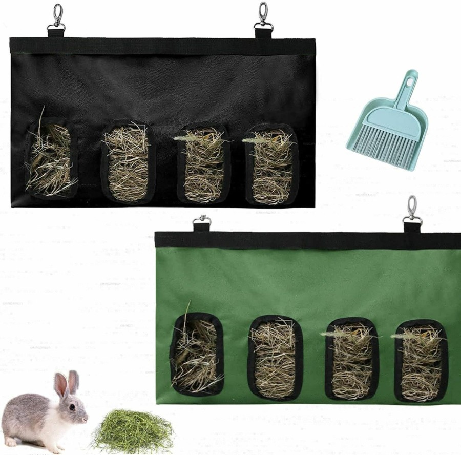 Small Animal Lucky Interests | Lucky Interests 2Pcs Rabbit Hay Feeder Bag, 4 Holes Guinea Pig Hay Feeder Storage Oxford Cloth Fabric Hanging Feeding Holder For Chinchilla, Hamsters, Bunny With Mini Broom And Dustpan(Green, Black)