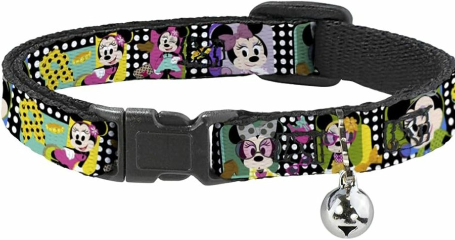 Small Animal Buckle-Down | Buckle-Down Breakaway Cat Collar - Mini Minnie Fashion Poses/Polka Dot Black/White/Multi Color - 1/2\" Wide - Fits 8-12\" Neck - Medium