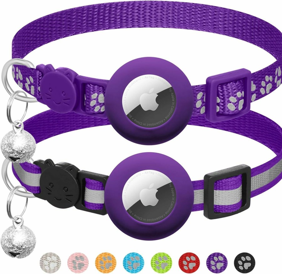 Small Animal LAFAYI | 2 Pack Airtag Cat Collar Breakaway With Bell,Reflective Kitten Collar With Apple Airtag Cat Collar Holder,Adjustable 7-12In,Safety Buckle For Girl Boy Cats,Pet Supplies,Accessories,Gifts (Purple)