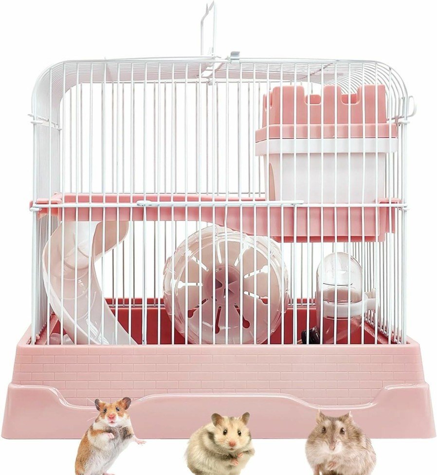 Small Animal PINVNBY | Pinvnby 2-Tier Dwarf Hamster Cage, Travel Portable Mouse Cage Gerbil Cages And Habitats Small Animal Carrier With Castle House Running Exercise Wheels, Water Bottle And Food Dis