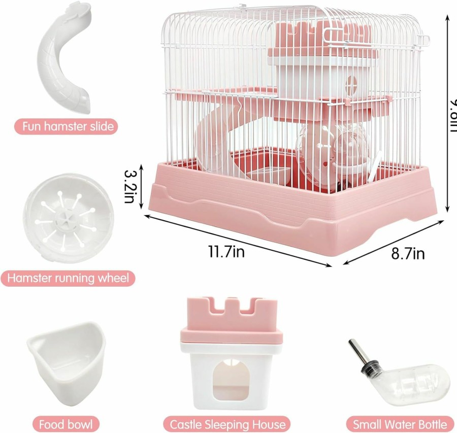 Small Animal PINVNBY | Pinvnby 2-Tier Dwarf Hamster Cage, Travel Portable Mouse Cage Gerbil Cages And Habitats Small Animal Carrier With Castle House Running Exercise Wheels, Water Bottle And Food Dis