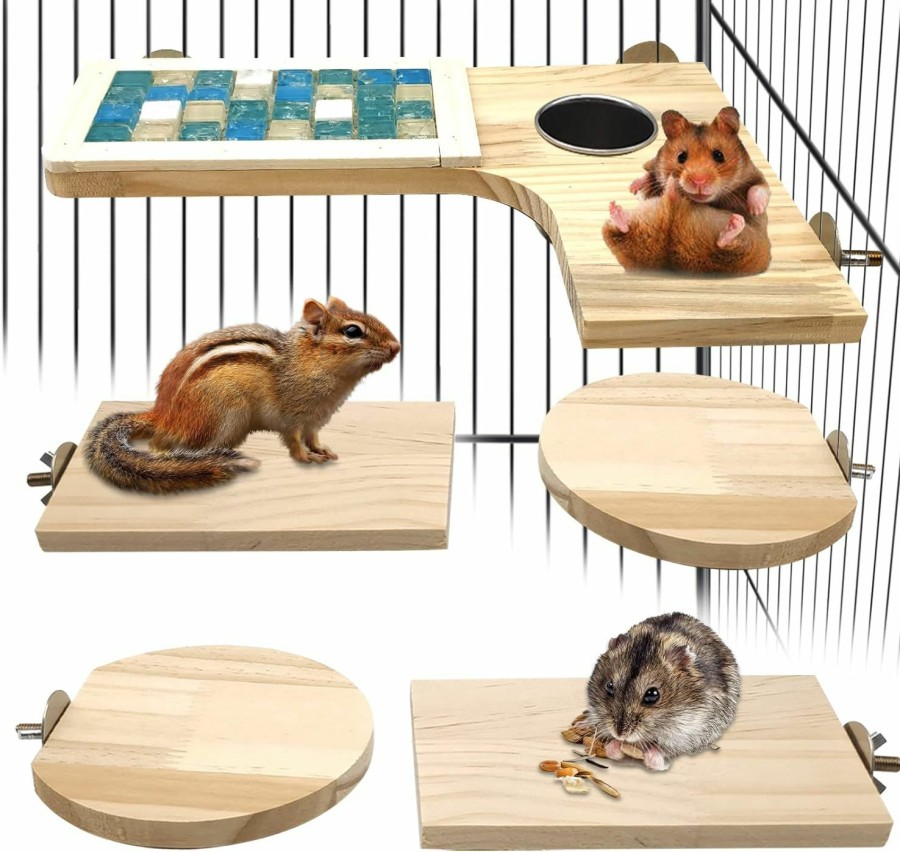 Small Animal BNOSDM | Bnosdm Wooden Hamster Cage Platform Set Wood Chinchilla Ledges And Platforms Rectangle L-Shaped Round Cage Accessories With Cooling Standing Board&Food Cup For Mouse Squirrel Gerbil Guinea Pig