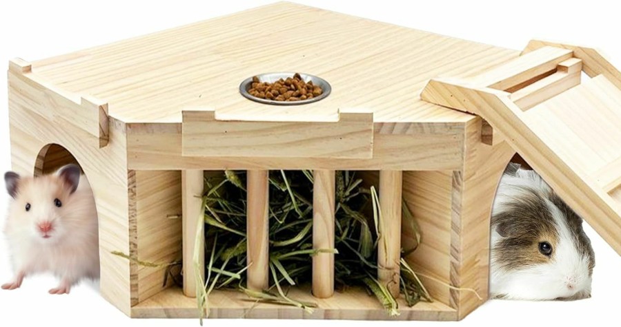 Small Animal Hamiledyi | Hamiledyi Guinea Pig Castle Natural Wooden Rabbit House With Ladder And Hay Feeder Chinchilla Multi Chamber Hideaway Small Animal Hideout House For Guinea Pig Rabbit Hedgehog