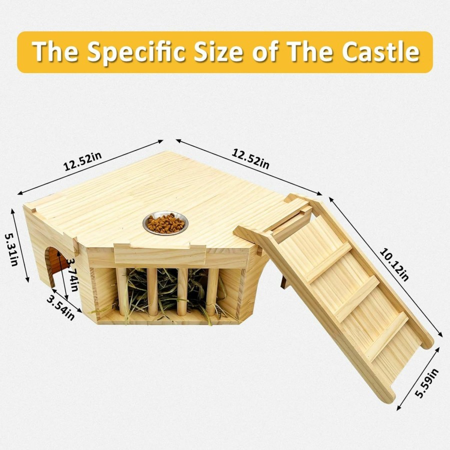 Small Animal Hamiledyi | Hamiledyi Guinea Pig Castle Natural Wooden Rabbit House With Ladder And Hay Feeder Chinchilla Multi Chamber Hideaway Small Animal Hideout House For Guinea Pig Rabbit Hedgehog