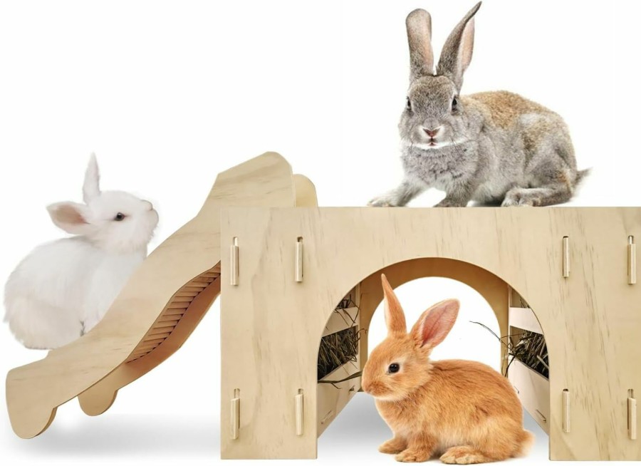 Small Animal Hamiledyi | Hamiledyi Wooden Rabbit Hideout House 3 In 1 Rabbit Wood Hay Feeder Guinea Pig Wooden Hideout And House For Bunnies Chinchilla Guinea Pig Kitten (14.1X11.8X9.8In).