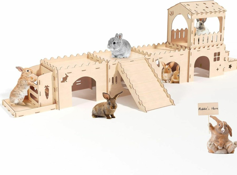 Small Animal Woiworco | Woiworco Extra Large Wooden Rabbit Hideout, 5 Rabbit Houses Castle Bunny Hideout, Rabbit Tunnel Bunny Rabbits Play Houses, Spacious Breathable Habitats For Hamsters And Guinea Pigs Small Animals