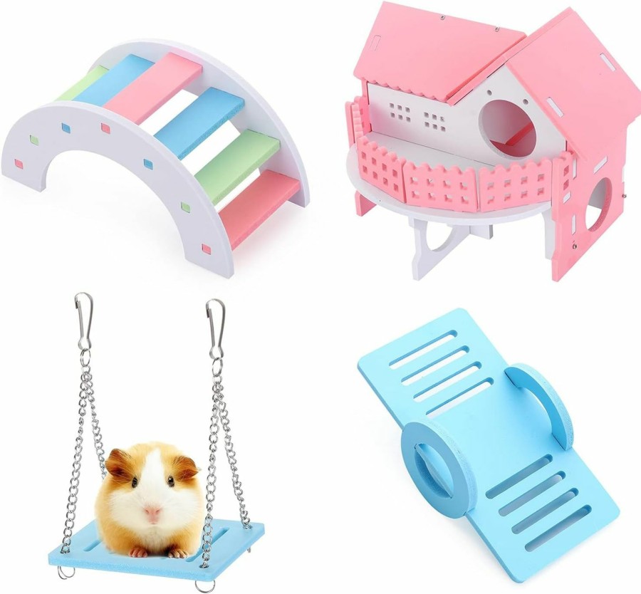 Small Animal Andy's Orchids | Andy'S Orchids 4 Pieces Hamster Toys Set Include Wooden Hamster House, Rainbow Bridge, Hamster Seesaw Toy Chew Corn For Small Animal Gerbil Hamster