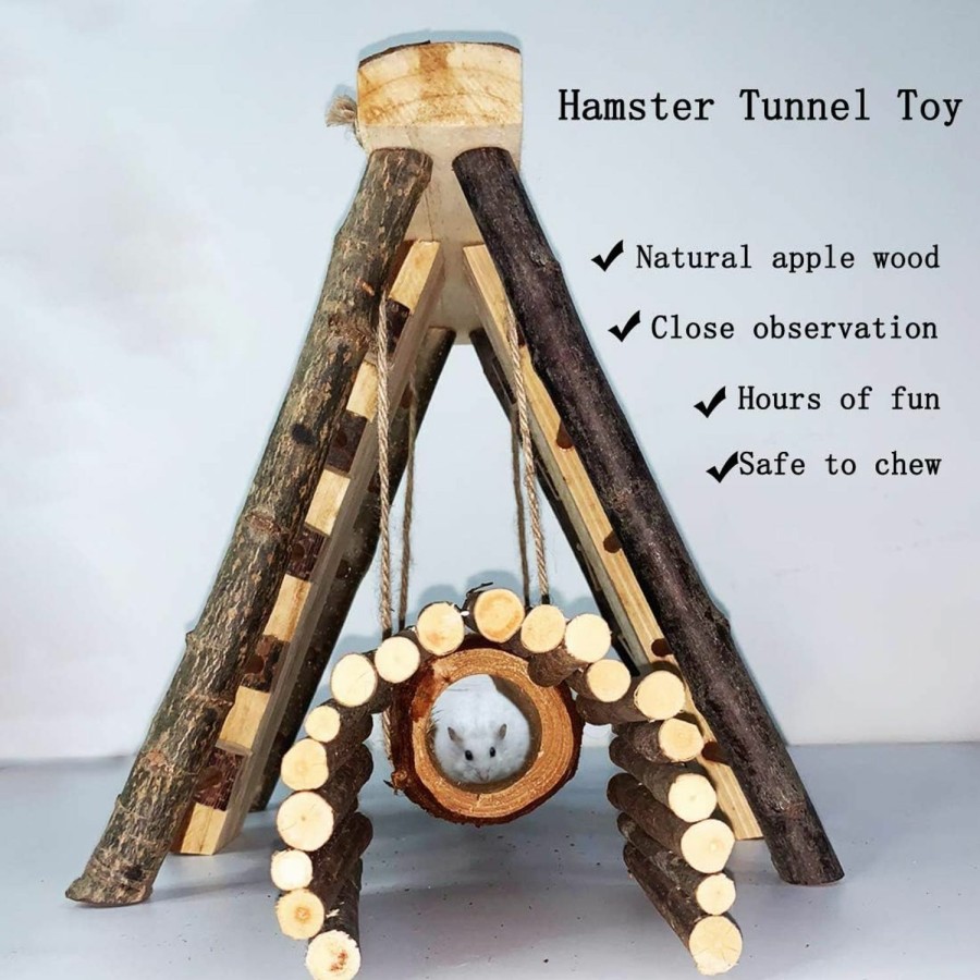 Small Animal Hamiledyi | Hamiledyi Wooden Hamster Climbing Toy Guinea Pigs Activity Perch Platform Steps Stairs Gerbil Hanging Chew Tunnel Tube With Apple Wood Bridge