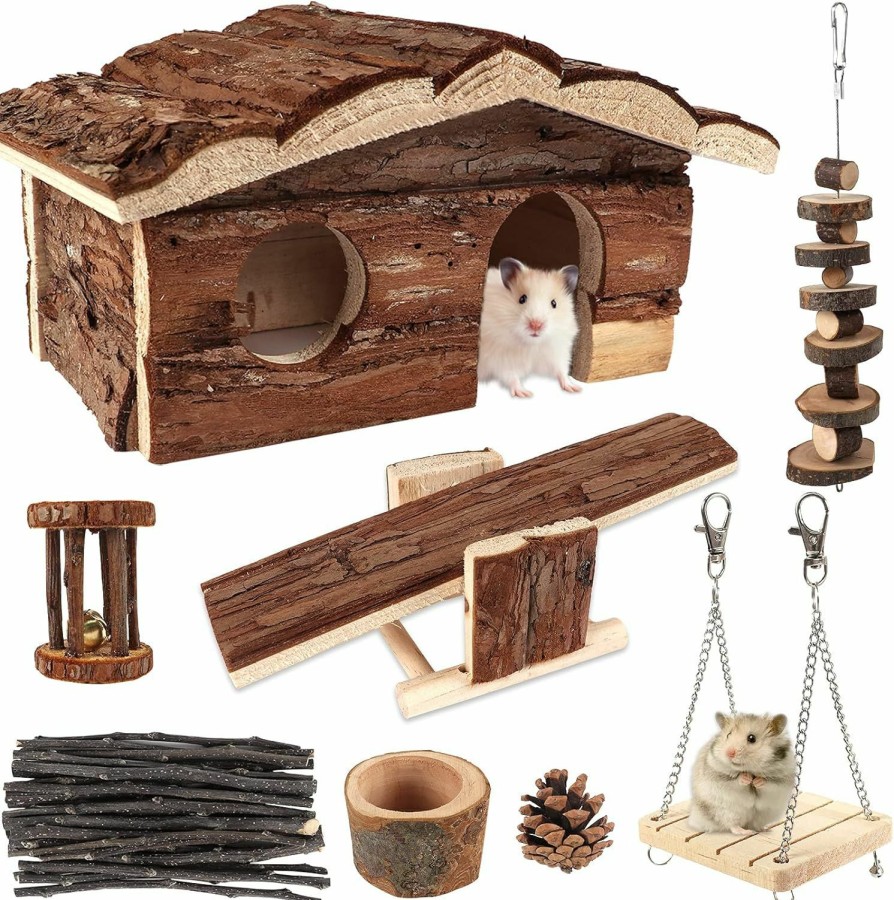 Small Animal ZALALOVA | Hamster Chew Toys With Wooden House, 17 Pack Natural Wooden Hideout, Food Bowl, Activity Toys For Hamster, Rats, Gerbils, Small Birds And Other Small Animals