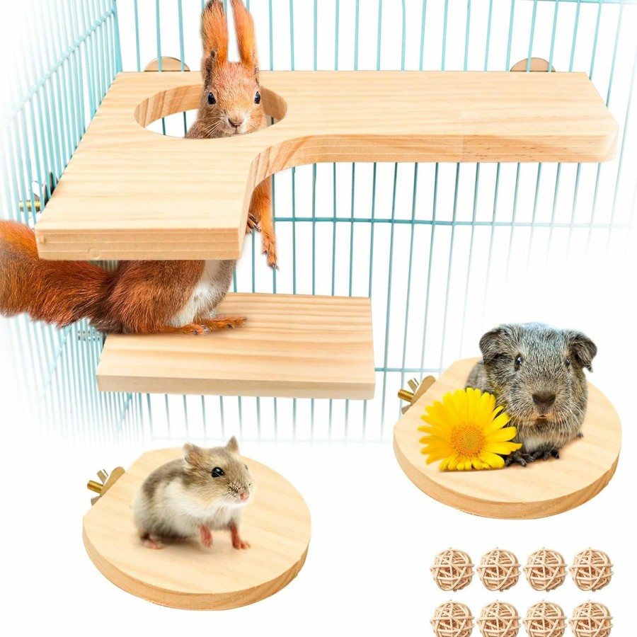 Small Animal Roundler | Squirrel Gerbil Chinchilla And Dwarf Hamster L-Shaped Pedal Wooden Platform, 3 Pieces Of Natural Wooden Parrot Hamster Round Standing Board, Rat Activity Chinchilla Bird Cage Accessories (Style-1)