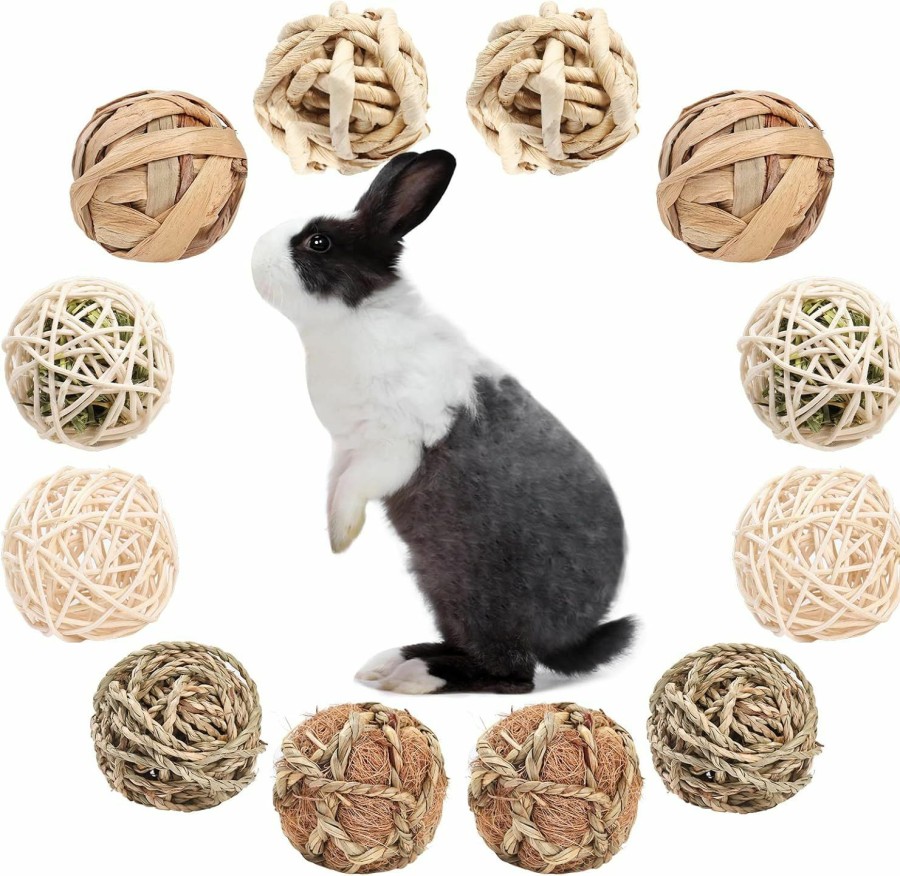 Small Animal PStarDMoon | Pstardmoon 12 Pcs Small Animals Activity Toys, Bunny Play Balls Rolling Chew Toys & Gnawing Treats For Rabbits Guinea Pigs Chinchilla Bunny Degus - Pet Cage Entertainment Accessories