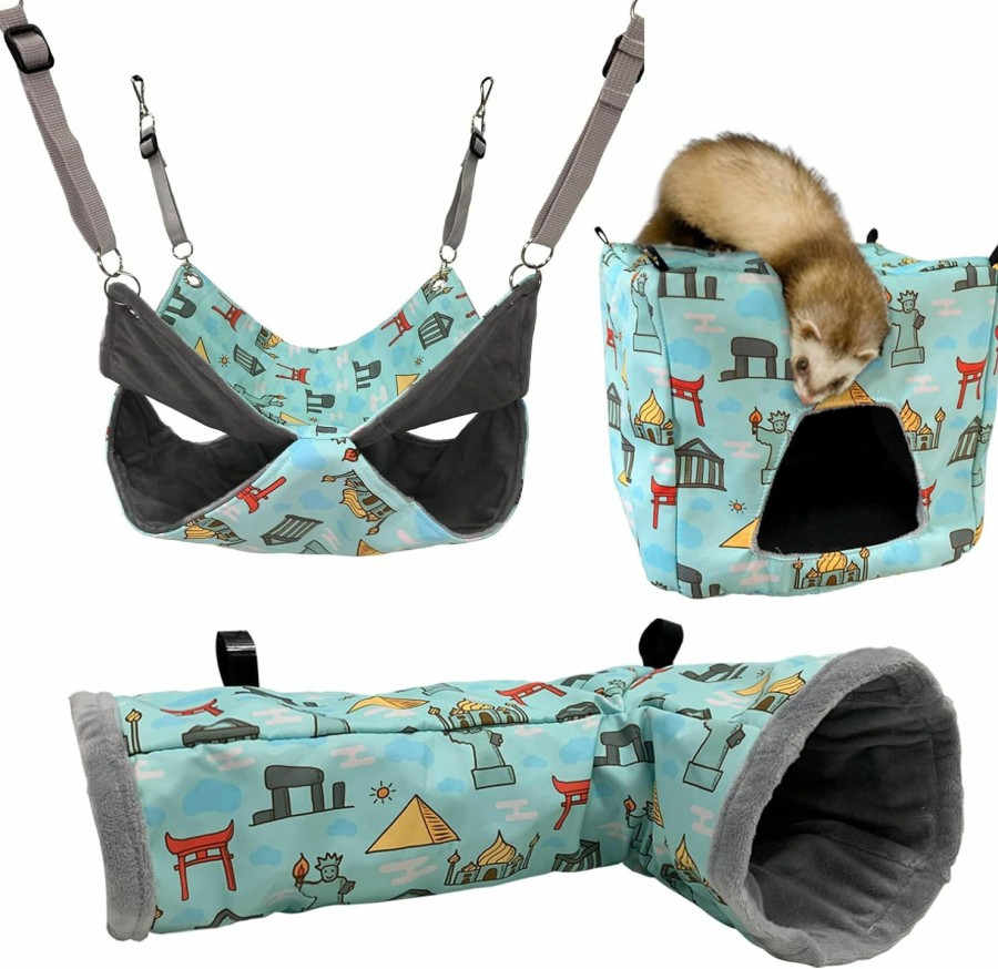 Small Animal TTANFY | Ferret Hammock Set For Cage Cage Accessories 3 Style,Double Hammock Or Square House And Tunnel Bed For Guinea Pig (Teal)