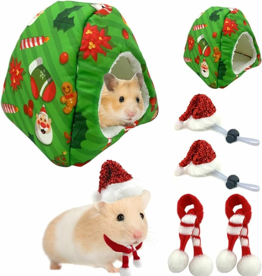 Small Animal Vehomy | Vehomy Hamster Christmas House Bed Costume- Hamster Rat Xmas Cave House Nest Hideout With Christmas Patterns Hamster Santa Claus Hat Scarf For Rodent Chinchilla Hedgehog