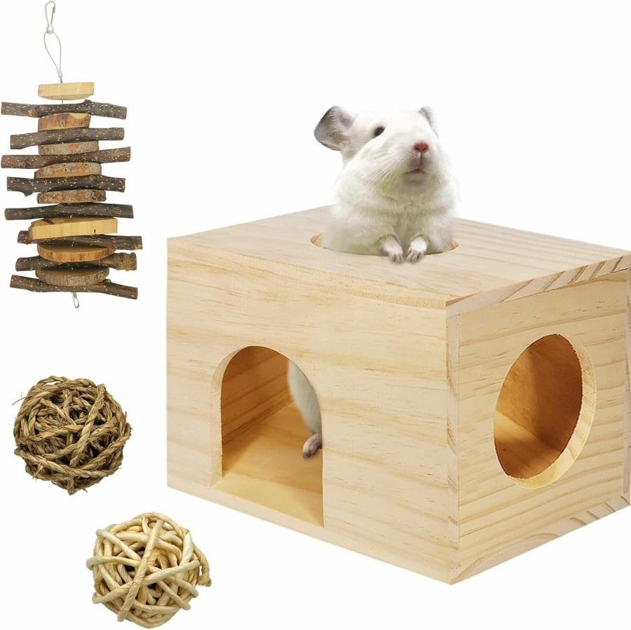 Small Animal Fhiny | Fhiny Guinea Pigs Wood House Chinchilla Hut Hideout Natural Wood Multiple Doors Small Animal Chewing Molar Activity Toys Hamsters Habitat Cage For Hedgehog Squirrel Sugar Gliders