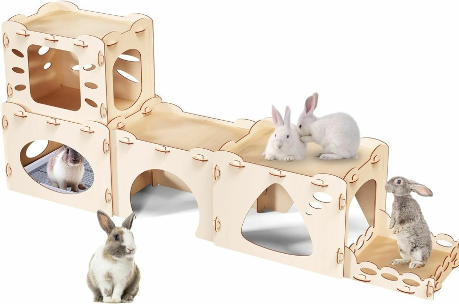 Small Animal Woiworco | Woiworco Extra Large Rabbit Castle Bunny House Hideout With 4 Houses And Rabbit Large Litter Box, Wooden Bunny Hideout Indoor Large Rabbit Hutch Play Houses And Hideouts For Hamsters Guinea Pigs Cats