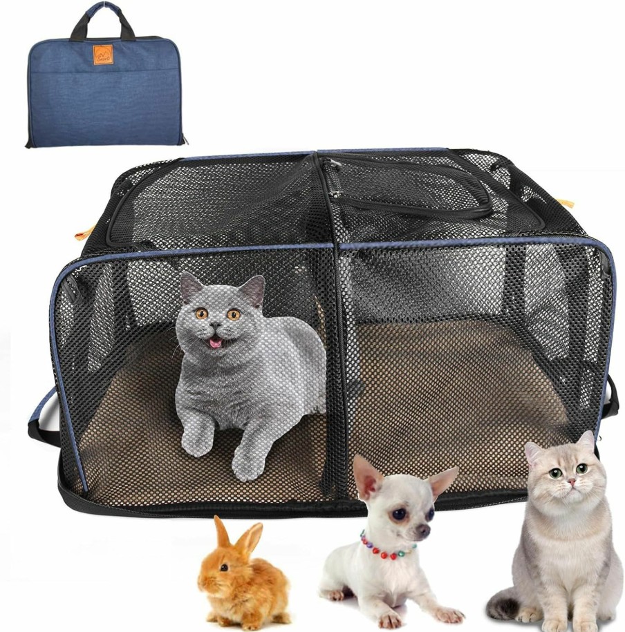 Small Animal SMONT | Smont 21.6\"X15.7\"X11.8\" Collapsible Soft Sides Pet Crate For Cat Small Dogs & Rabbits With 2 Compartments,Pet Car Travel Carrier,Indoor & Outdoor Pet House Blue