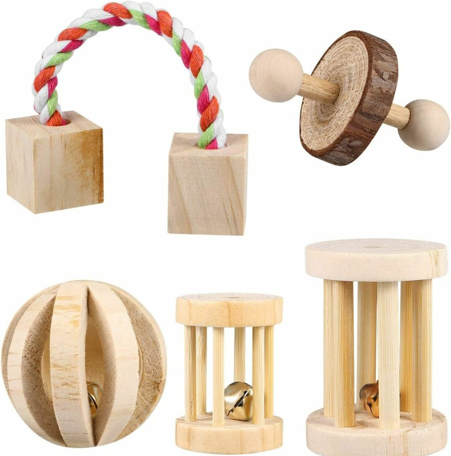 Small Animal POPETPOP | Popetpop 5Pcs Hamster Chew Toys Natural Wooden Play Toy Exercise Bell Roller Teeth Care Molar Toy For Bunny Rabbits Rats Gerbils And Other Small Animals