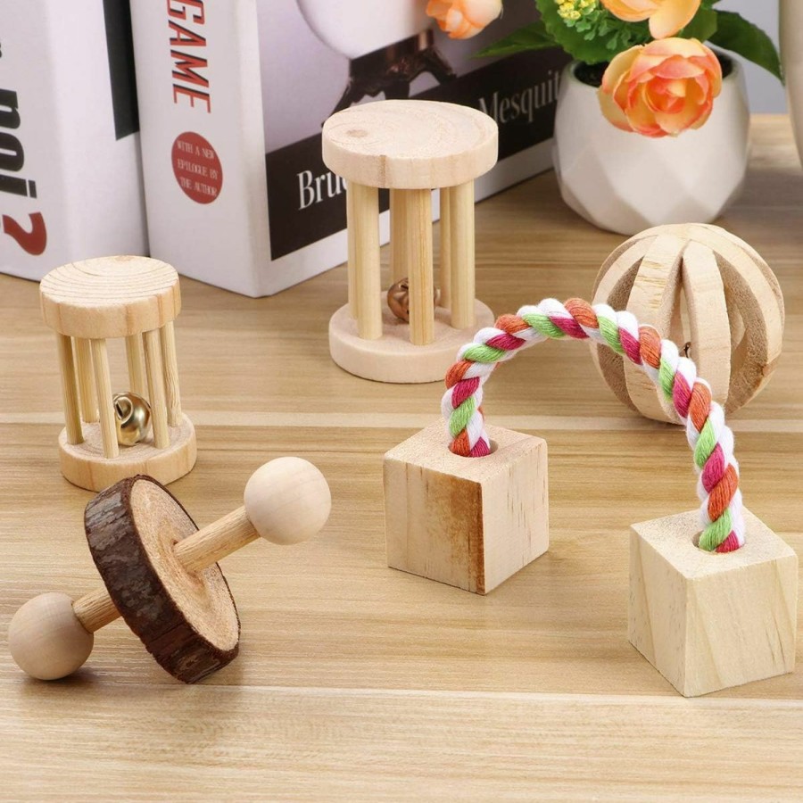 Small Animal POPETPOP | Popetpop 5Pcs Hamster Chew Toys Natural Wooden Play Toy Exercise Bell Roller Teeth Care Molar Toy For Bunny Rabbits Rats Gerbils And Other Small Animals