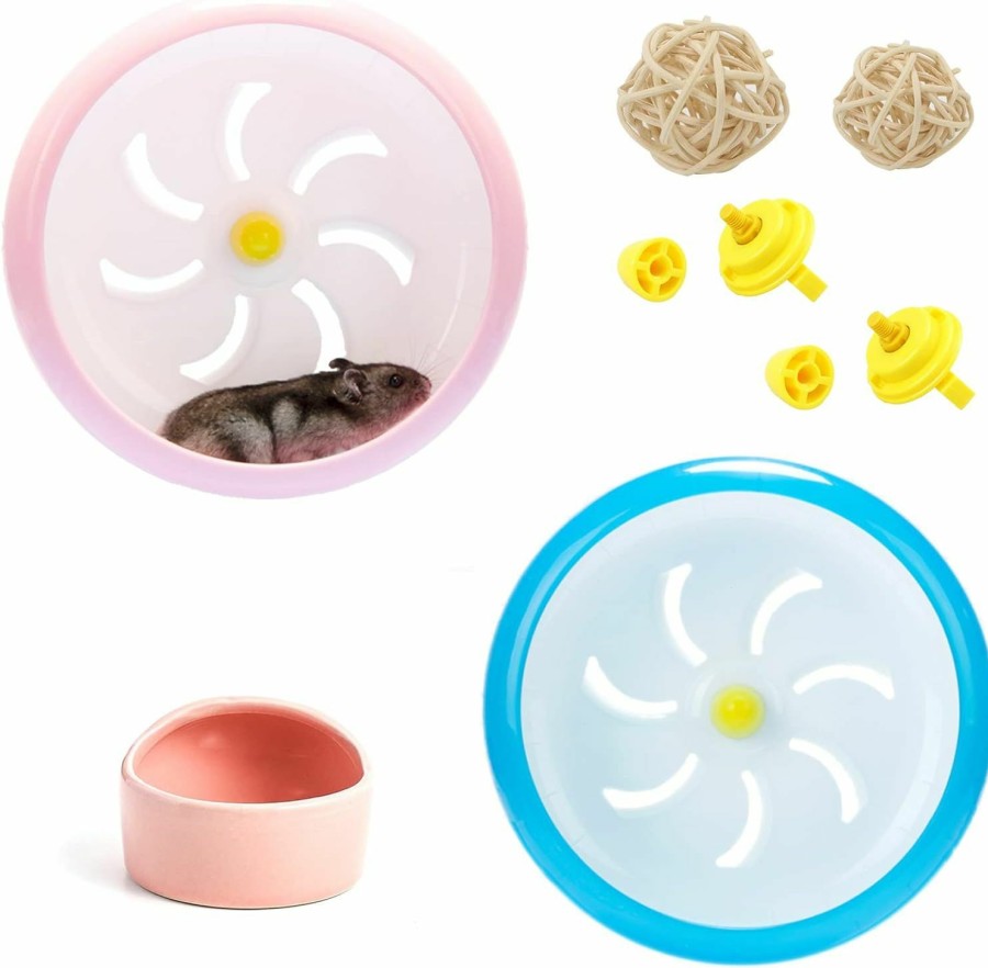 Small Animal Lucky Interests | Lucky Interests 2 Pcs Hamster Wheel, 6.9 In Silent Spinner, Quiet Hamster Exercise Wheel Cage Toy With Food Bowl & 2 Play Ball For Dwarf Hamster Syrian Hamster Hermit Crab Mice Small Animal(Pink+Blue)