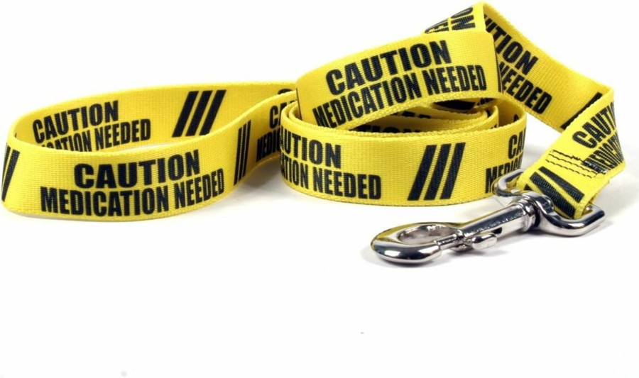 Small Animal Yellow Dog Design | Yellow Dog Design Caution Medication Needed Dog Leash With Standard Loop Handle, 1\" Wide