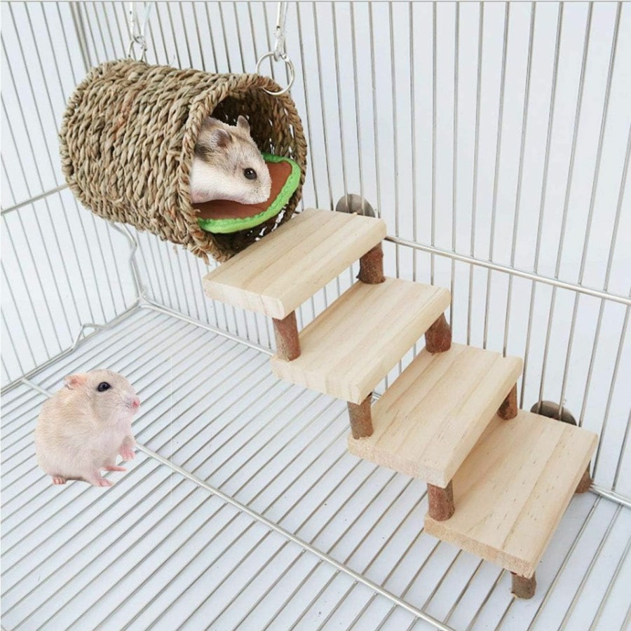 Small Animal Hamiledyi | Hamster Climbing Toys,Hamster Wooden Molar Toys Wooden Stair And Drill Pipe Set Safe Climbing Hamster Accessories For Cages With Ladder For Golden Silk Bear Hamster Gerbil Etc