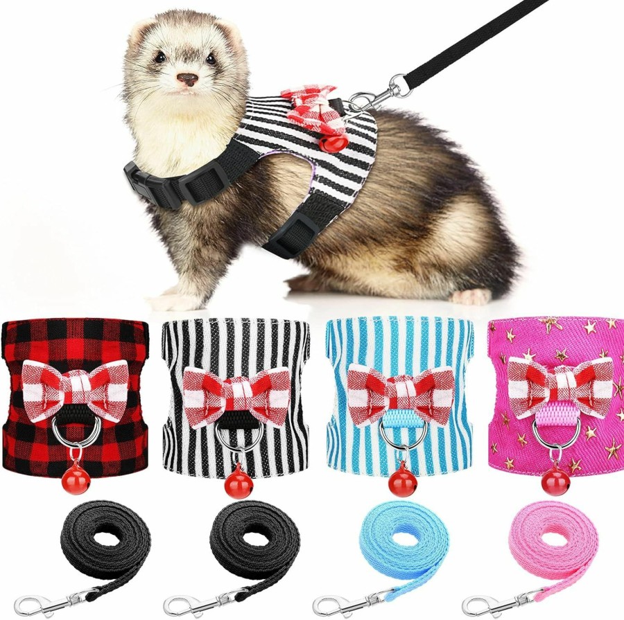 Small Animal Weewooday | 4 Pieces Small Pet Harness Vest And Leash Set With Cute Bowknot And Safe Bell Decor Chest Strap Harness For Outdoor Walking Rabbit Ferret Guinea Pig Bunny Hamster Puppy Kitten (Small)