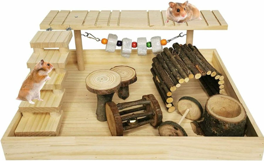 Small Animal Hamiledyi | Hamiledyi Dwarf Hamster Activity Playground Natural Wood Gerbil Climbing Platform Mice Living Gym System Set Syrian Exercise Cage Accessories With Lava Stone String Chewing Toy Ladder Bridge Ramp