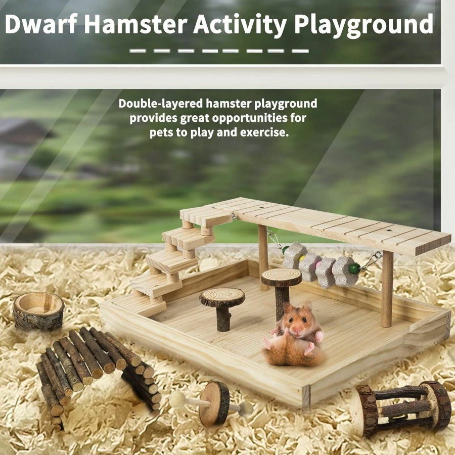 Small Animal Hamiledyi | Hamiledyi Dwarf Hamster Activity Playground Natural Wood Gerbil Climbing Platform Mice Living Gym System Set Syrian Exercise Cage Accessories With Lava Stone String Chewing Toy Ladder Bridge Ramp