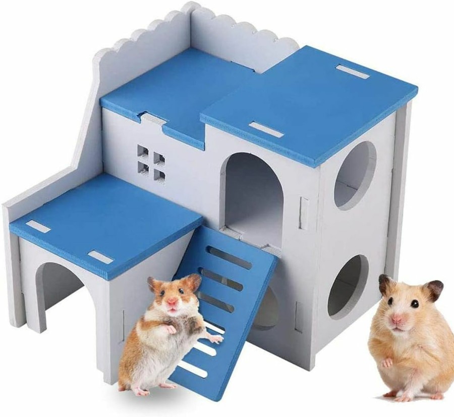 Small Animal WishLotus | Wishlotus Wooden Hamster House, Small Animal Hideout Hamster House With Funny Climbing Ladder Exercise Toys Luxury Two Layers Hut For Dwarf Hamster, Chinchilla, Rat, Gerbil, Mouse (Blue)