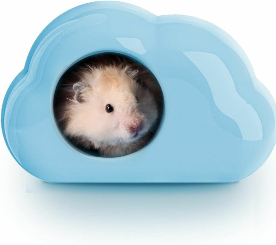 Small Animal BUCATSTATE | Bucatstate Hamster Hideout Ceramic - Clouds Shape Hamster House Cool Bed Ideal For Summer Dwarf Hamster Gerbil Mice Golden Bear (Blue-L)