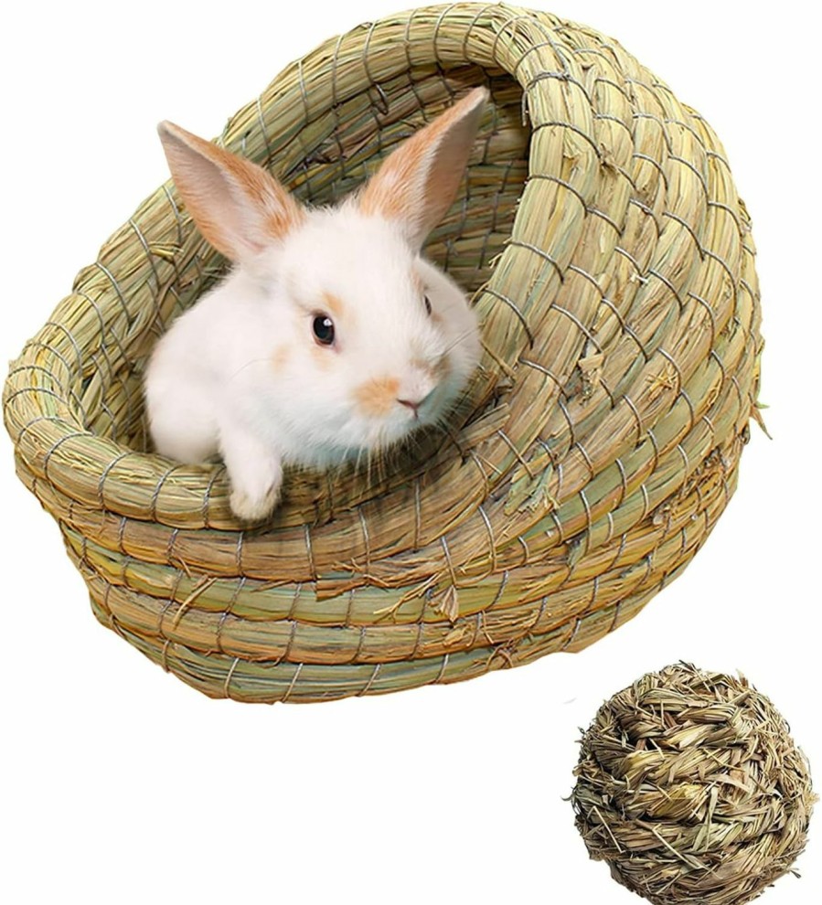 Small Animal kathson | Kathson Woven Pet Hay Bed For Hamsters, Hand Crafted Grass House For Rabbits, Guinea-Pigs, Bunny And Cats (1Ball+Bed)